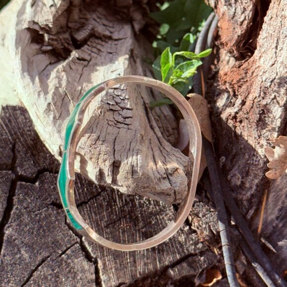 Vintage Sterling Silver Mexico Bracelet With Malachite Inlay Zigzag Design Hinge - Picture 6 of 13